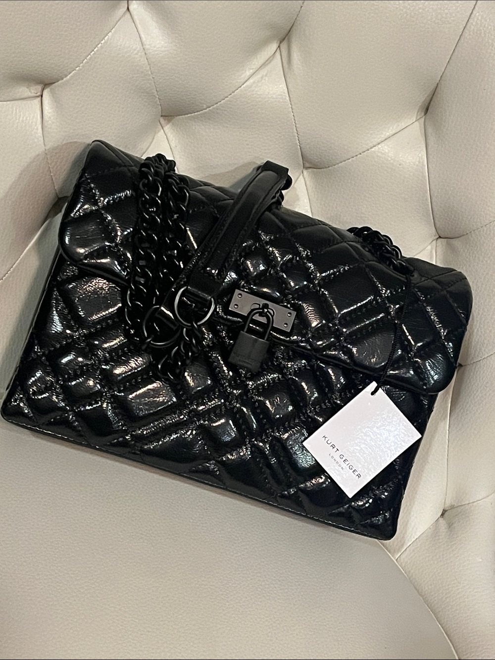 Kurt Geiger Black Quilted Patent Chain Handle Shoulder Bag /cross body